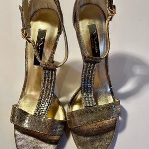 Gold Black Nina Rhinestone 4” Heeled ankle Strap Sandals